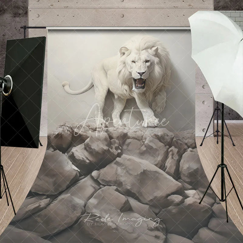 Aperturee - Aperturee Majestic White Lion Roaring on Cracked Wall and Rocky Terrain Sweep Backdrop Dramatic Wildlife Portrait Photography