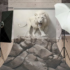 Aperturee - Aperturee Majestic White Lion Roaring on Cracked Wall and Rocky Terrain Sweep Backdrop Dramatic Wildlife Portrait Photography