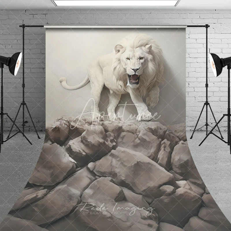 Aperturee - Aperturee Majestic White Lion Roaring on Cracked Wall and Rocky Terrain Sweep Backdrop Dramatic Wildlife Portrait Photography