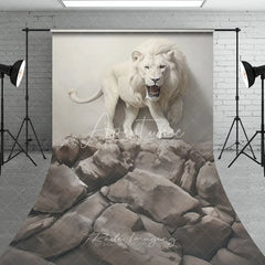 Aperturee - Aperturee Majestic White Lion Roaring on Cracked Wall and Rocky Terrain Sweep Backdrop Dramatic Wildlife Portrait Photography