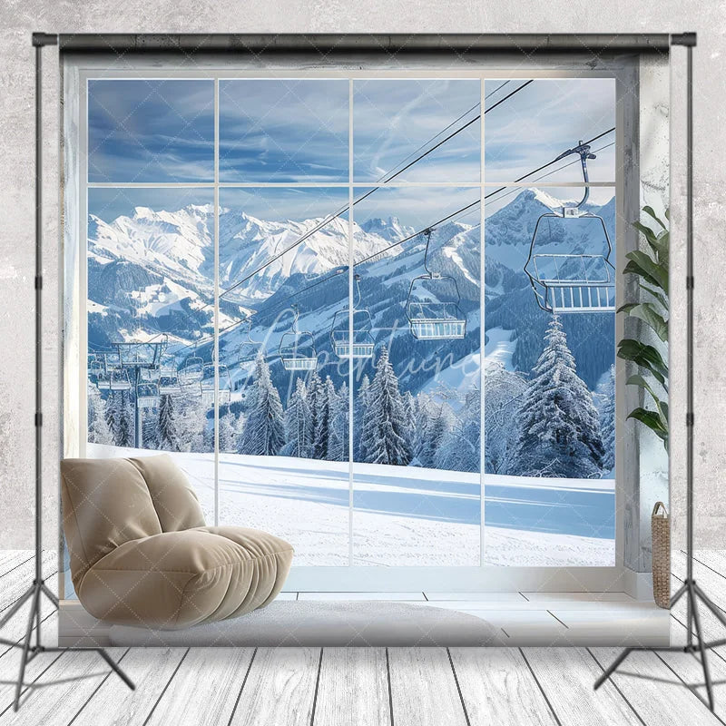 Aperturee - Aperturee Majestic Winter Mountain Photography Backdrop with Snowy Peaks and Ski Lifts Scenic Alpine Window View