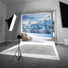 Aperturee - Aperturee Majestic Winter Mountain Photography Backdrop with Snowy Peaks and Ski Lifts Scenic Alpine Window View