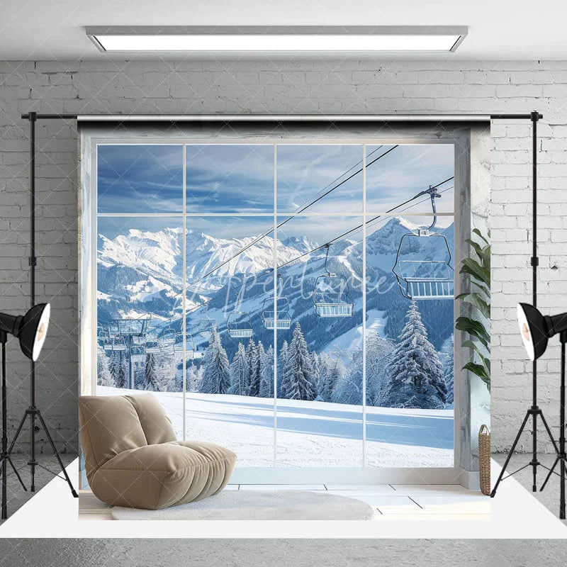 Aperturee - Aperturee Majestic Winter Mountain Photography Backdrop with Snowy Peaks and Ski Lifts Scenic Alpine Window View