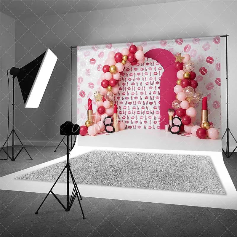 Aperturee - Aperturee Makeup and Lipstick Photography Backdrop Pink Lips and Beauty Theme Party Banner