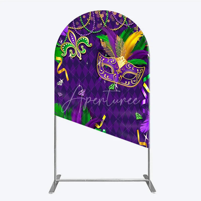 Aperturee - Aperturee Mardi Gras Masquerade Mask Arch Backdrop Kit Festive Carnival Party Decor Purple and Gold Feather Theme
