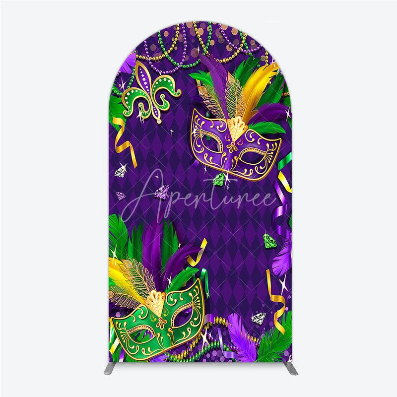 Aperturee - Aperturee Mardi Gras Masquerade Mask Arch Backdrop Kit Festive Carnival Party Decor Purple and Gold Feather Theme