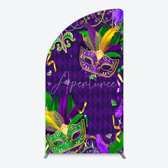 Aperturee - Aperturee Mardi Gras Masquerade Mask Half Moon Arch Backdrop Kit Festive Carnival Party Decor Purple and Gold Feather Theme