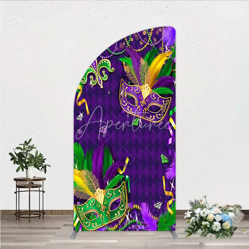 Aperturee - Aperturee Mardi Gras Masquerade Mask Half Moon Arch Backdrop Kit Festive Carnival Party Decor Purple and Gold Feather Theme