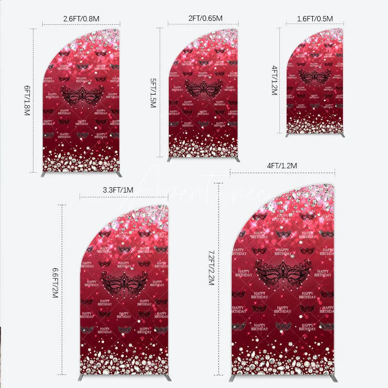 Aperturee - Aperturee Masquerade Ball Birthday Half Moon Arch Backdrop Red and Black Venetian Mask with Diamonds Sweet 16 Party Decor