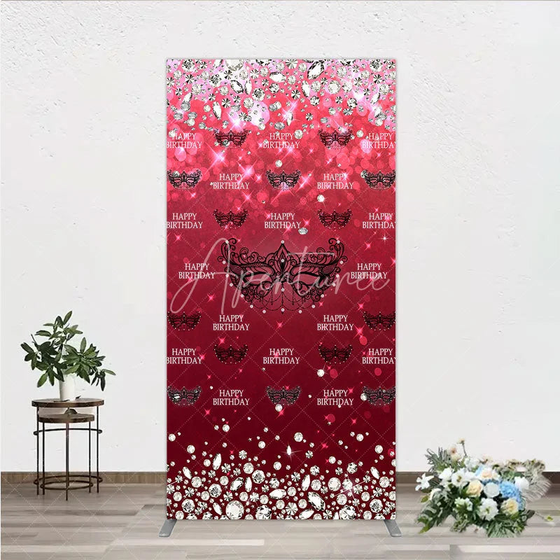 Aperturee - Aperturee Masquerade Ball Birthday Rectangle Backdrop Red and Black Venetian Mask with Diamonds Sweet 16 Party Decor