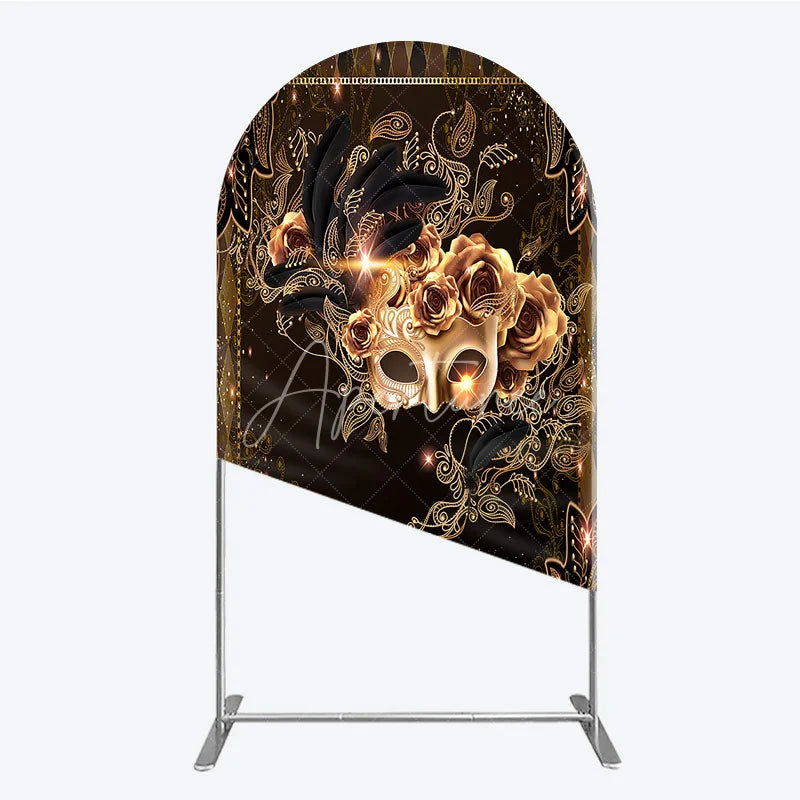 Aperturee - Aperturee Masquerade Mask Arch Backdrop Black Gold Feathers Roses Background Carnival Prom Party Arch Cover Photography Prop