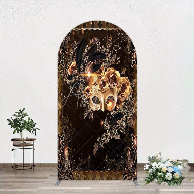 Aperturee - Aperturee Masquerade Mask Arch Backdrop Black Gold Feathers Roses Background Carnival Prom Party Arch Cover Photography Prop