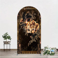 Aperturee - Aperturee Masquerade Mask Arch Backdrop Black Gold Feathers Roses Background Carnival Prom Party Arch Cover Photography Prop