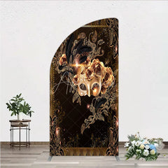 Aperturee - Aperturee Masquerade Mask Half Moon Arch Backdrop Black Gold Feathers Roses Background Carnival Prom Party Half Moon Arch Cover