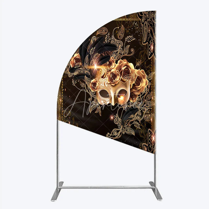 Aperturee - Aperturee Masquerade Mask Half Moon Arch Backdrop Black Gold Feathers Roses Background Carnival Prom Party Half Moon Arch Cover