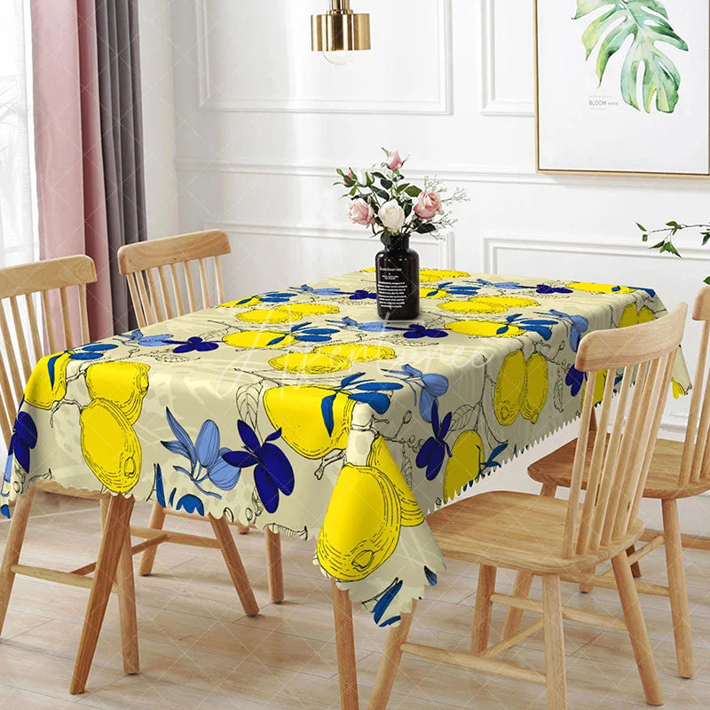 Aperturee - Aperturee Mediterranean Lemon and Blue Leaf Rectangle Tablecloth Sketch Style Fruit Table Cover Italian Dining Decor