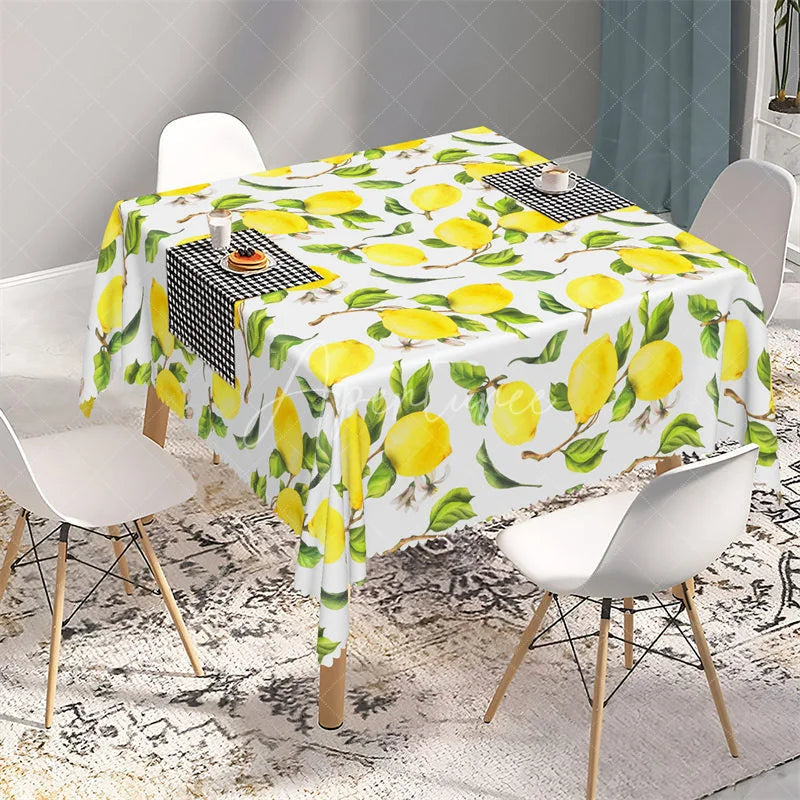 Aperturee - Aperturee Mediterranean Yellow Lemon Rectangle Tablecloth Fresh Fruit and Leaf Pattern Table Cover for Kitchen