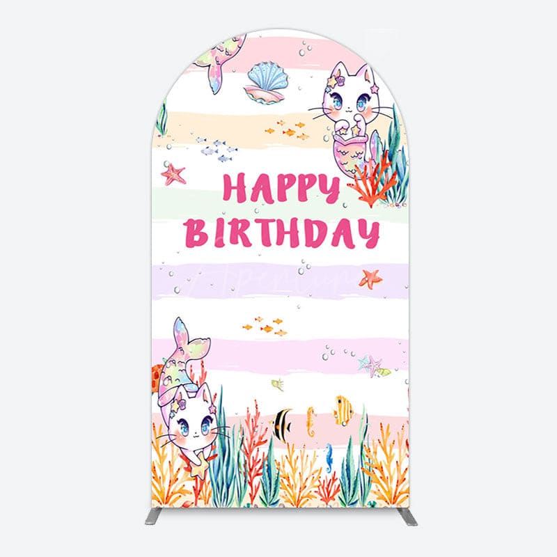 Aperturee - Aperturee Mermaid Cat Cartoon Happy Birthday Arch Backdrop