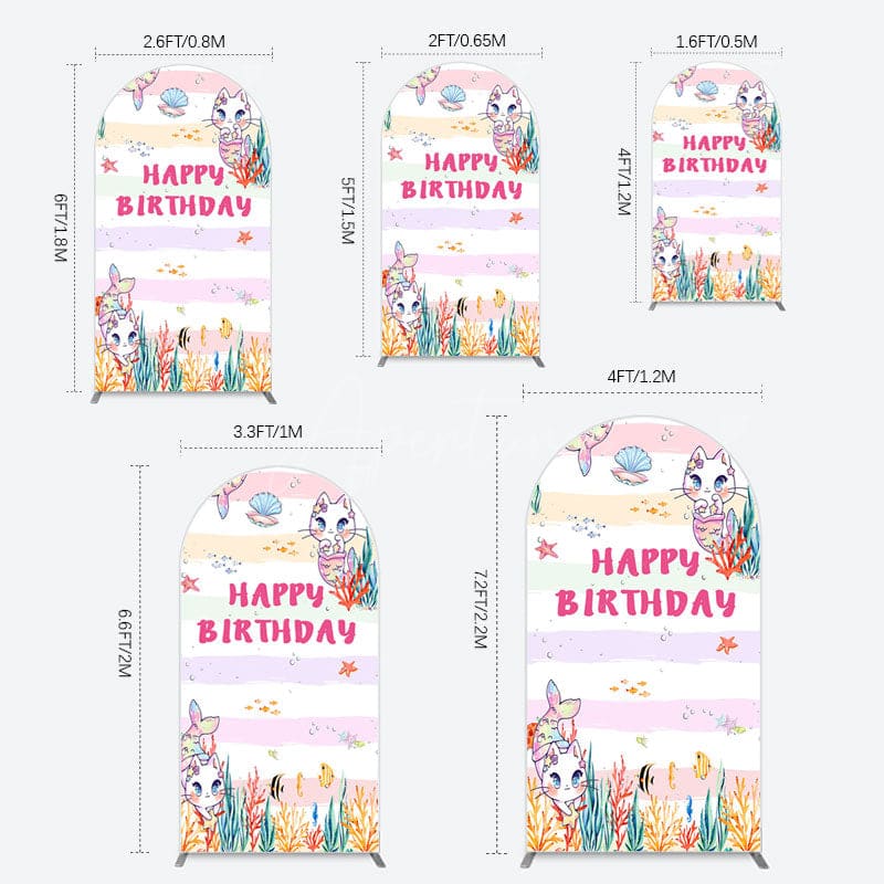 Aperturee - Aperturee Mermaid Cat Cartoon Happy Birthday Arch Backdrop