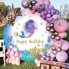 Aperturee - Aperturee Mermaid Coral Gold Glitter Round Birthday Backdrop