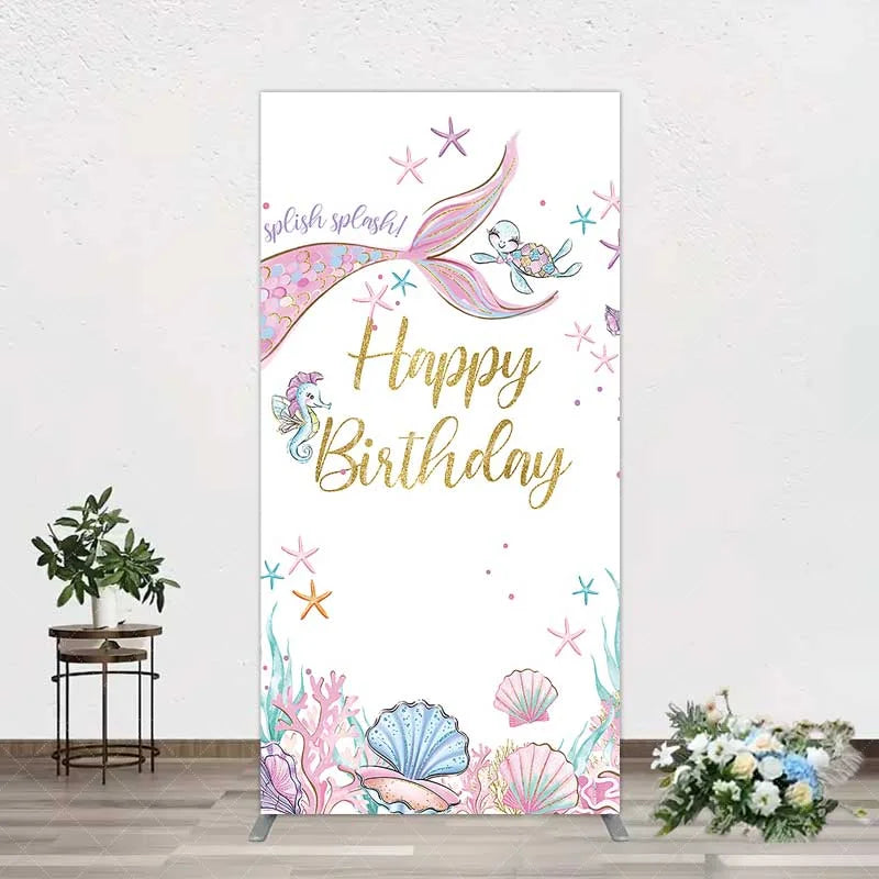 Aperturee - Aperturee Mermaid Happy Birthday Rectangle Backdrop Under the Sea Ocean Theme Girl Party Decoration