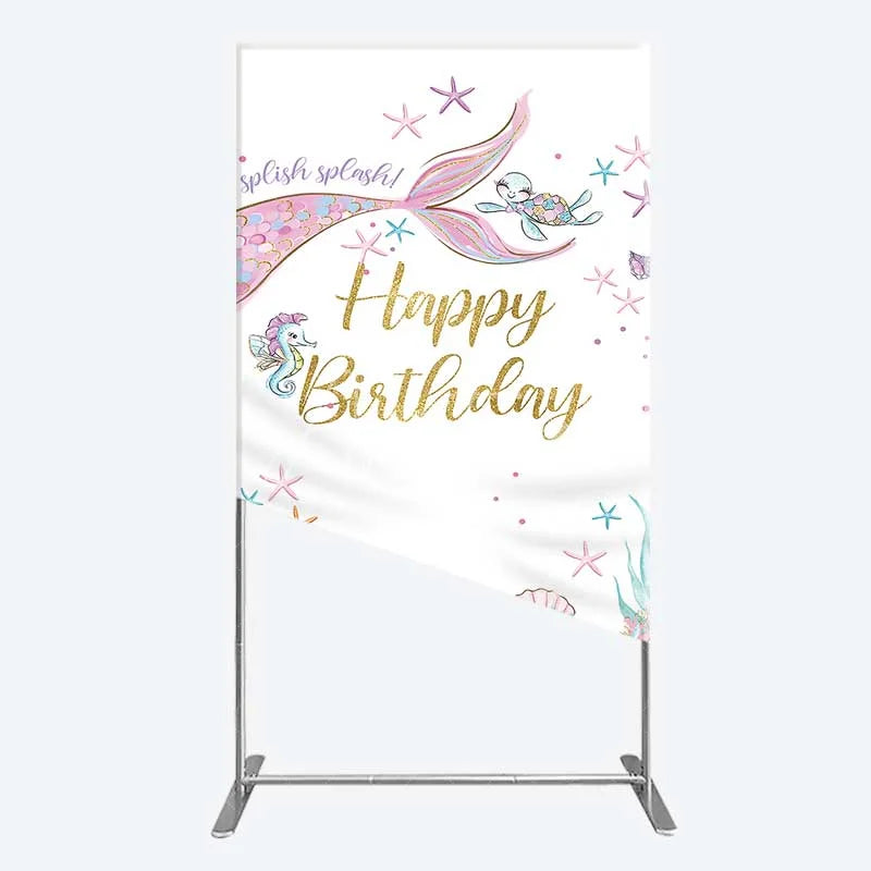 Aperturee - Aperturee Mermaid Happy Birthday Rectangle Backdrop Under the Sea Ocean Theme Girl Party Decoration