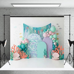 Aperturee - Aperturee Mermaid Scale Under the Sea Backdrop Pastel Coral and Shell for Birthday Cake Smash