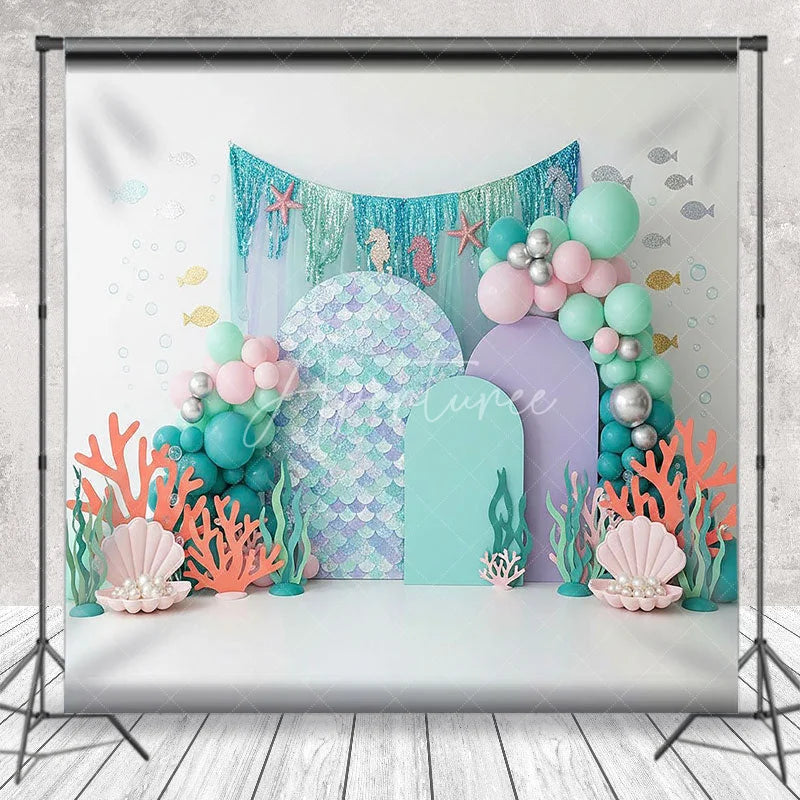 Aperturee - Aperturee Mermaid Scale Under the Sea Backdrop Pastel Coral and Shell for Birthday Cake Smash