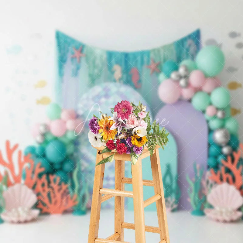 Aperturee - Aperturee Mermaid Scale Under the Sea Backdrop Pastel Coral and Shell for Birthday Cake Smash