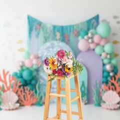 Aperturee - Aperturee Mermaid Scale Under the Sea Backdrop Pastel Coral and Shell for Birthday Cake Smash