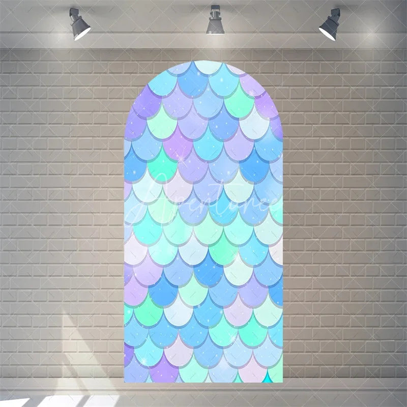 Aperturee - Aperturee Mermaid Scales Arch Backdrop Pastel Purple and Blue Fish Skin Pattern for Girls Birthday Party Decoration