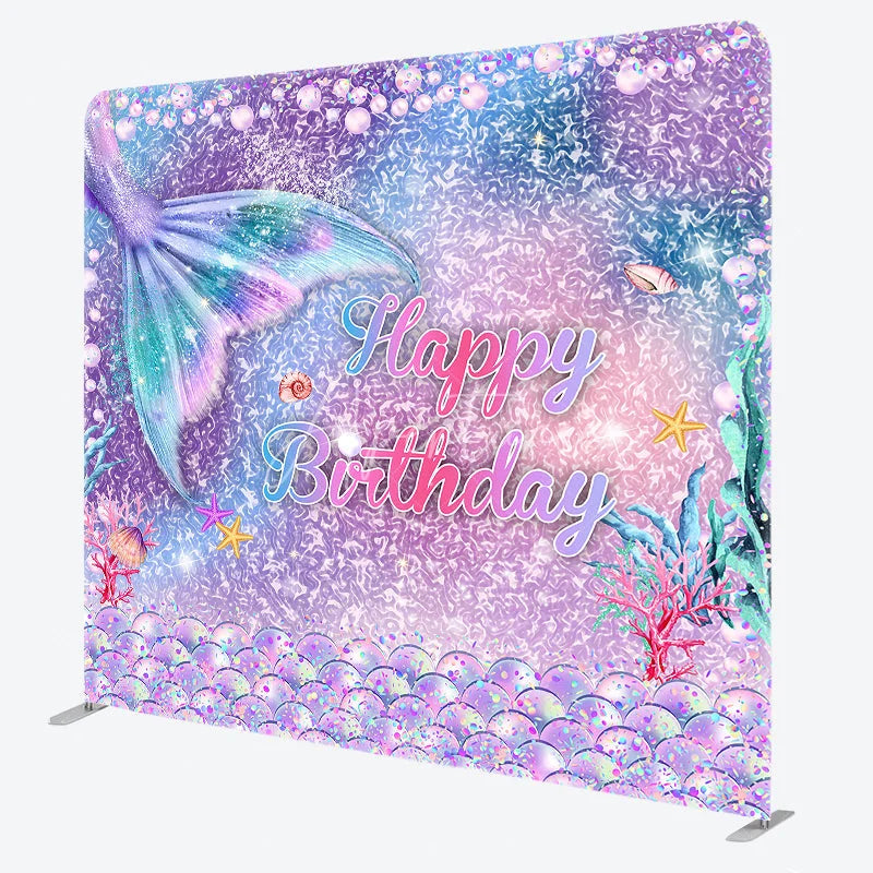 Aperturee - Aperturee Mermaid Tail Happy Birthday Double-Sided Tension Fabric Backdrop Under the Sea Party Glitter Photo Booth
