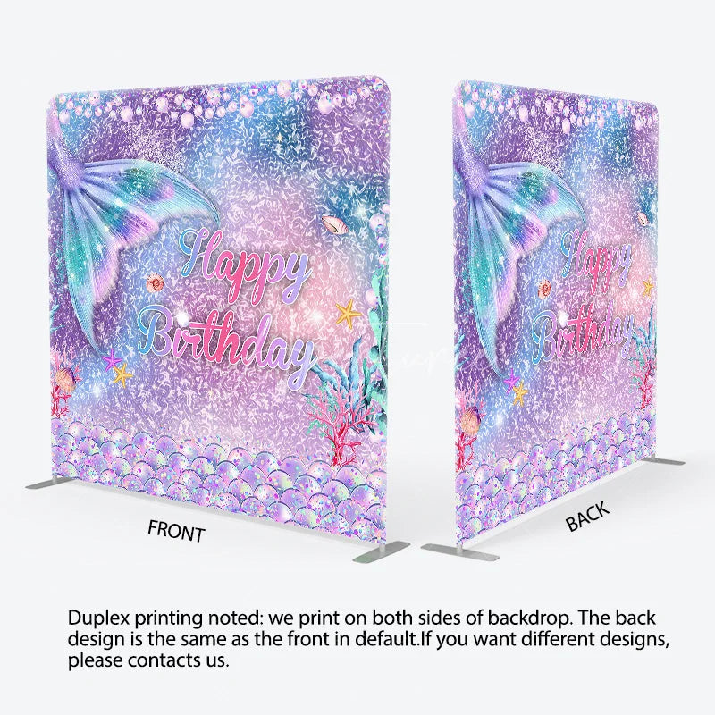 Aperturee - Aperturee Mermaid Tail Happy Birthday Double-Sided Tension Fabric Backdrop Under the Sea Party Glitter Photo Booth