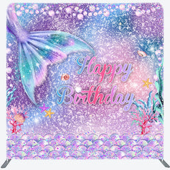 Aperturee - Aperturee Mermaid Tail Happy Birthday Double-Sided Tension Fabric Backdrop Under the Sea Party Glitter Photo Booth