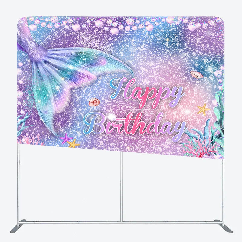 Aperturee - Aperturee Mermaid Tail Happy Birthday Double-Sided Tension Fabric Backdrop Under the Sea Party Glitter Photo Booth