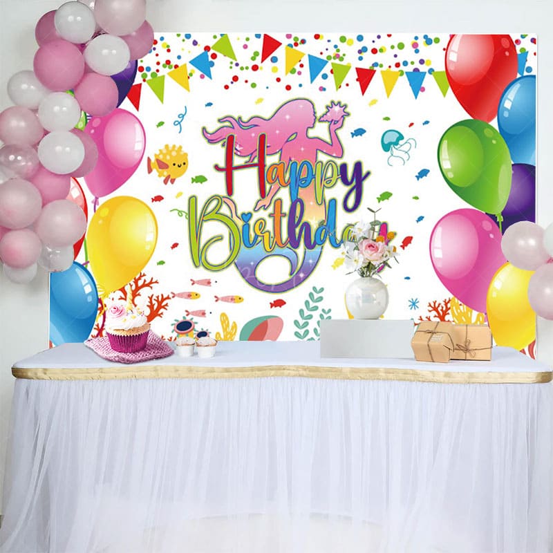 Aperturee - Aperturee Mermaid Under The Sea Scene Flag Birthday Backdrop