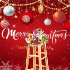 Aperturee - Aperturee Merry Christmas and Happy New Year Backdrop Red and Gold Ornaments Winter Holiday Party Photo Booth Decor