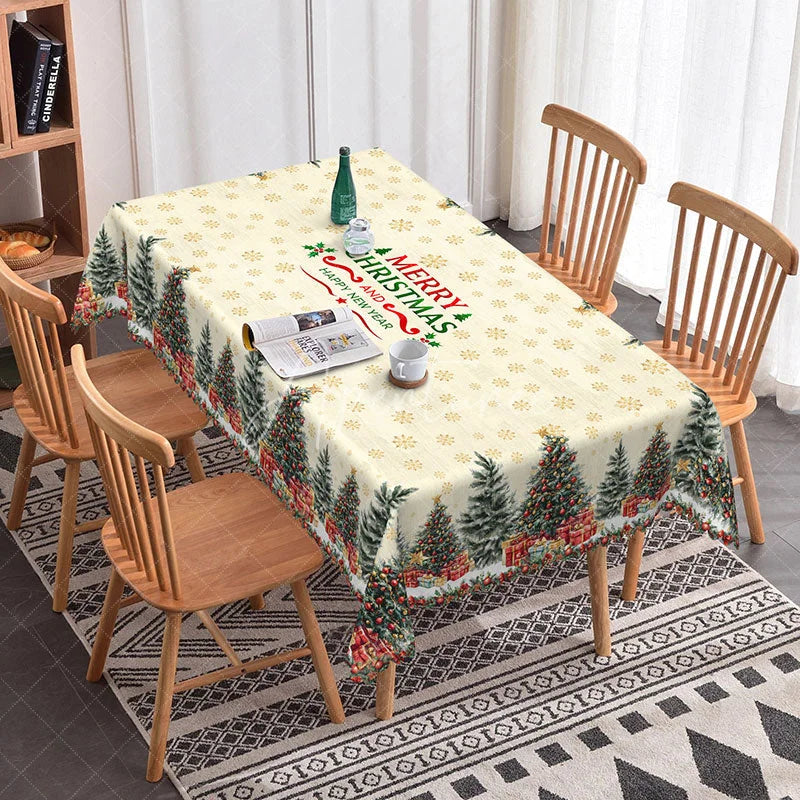 Aperturee - Aperturee Merry Christmas and Happy New Year Rectangle Tablecloth Creamy Beige with Trees Snowflake Holiday Decor