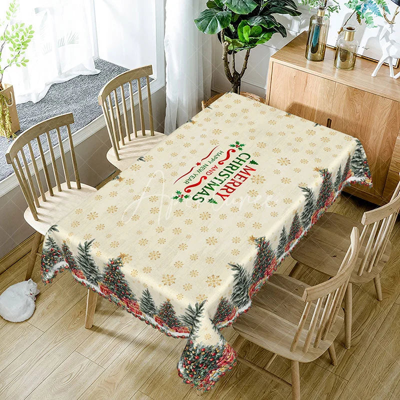 Aperturee - Aperturee Merry Christmas and Happy New Year Rectangle Tablecloth Creamy Beige with Trees Snowflake Holiday Decor