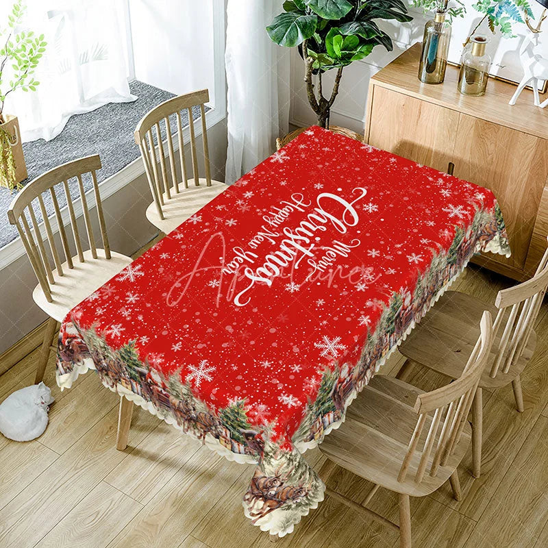 Aperturee - Aperturee Merry Christmas and Happy New Year Red Rectangle Tablecloth Snowy Village Scene Winter Holiday Dining Decor
