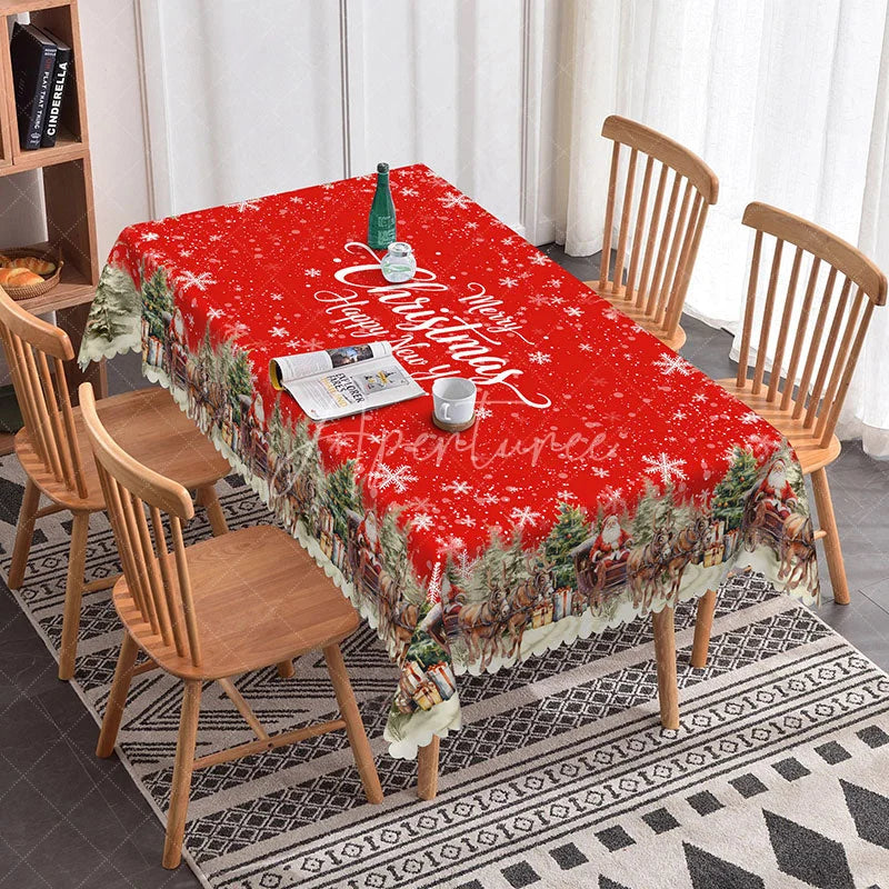 Aperturee - Aperturee Merry Christmas and Happy New Year Red Rectangle Tablecloth Snowy Village Scene Winter Holiday Dining Decor