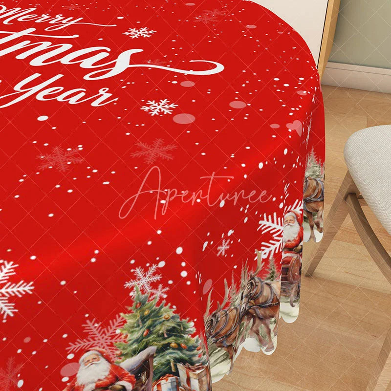 Aperturee - Aperturee Merry Christmas and Happy New Year Red Round Tablecloth Santa’s Sleigh Snowy Village Holiday Decor