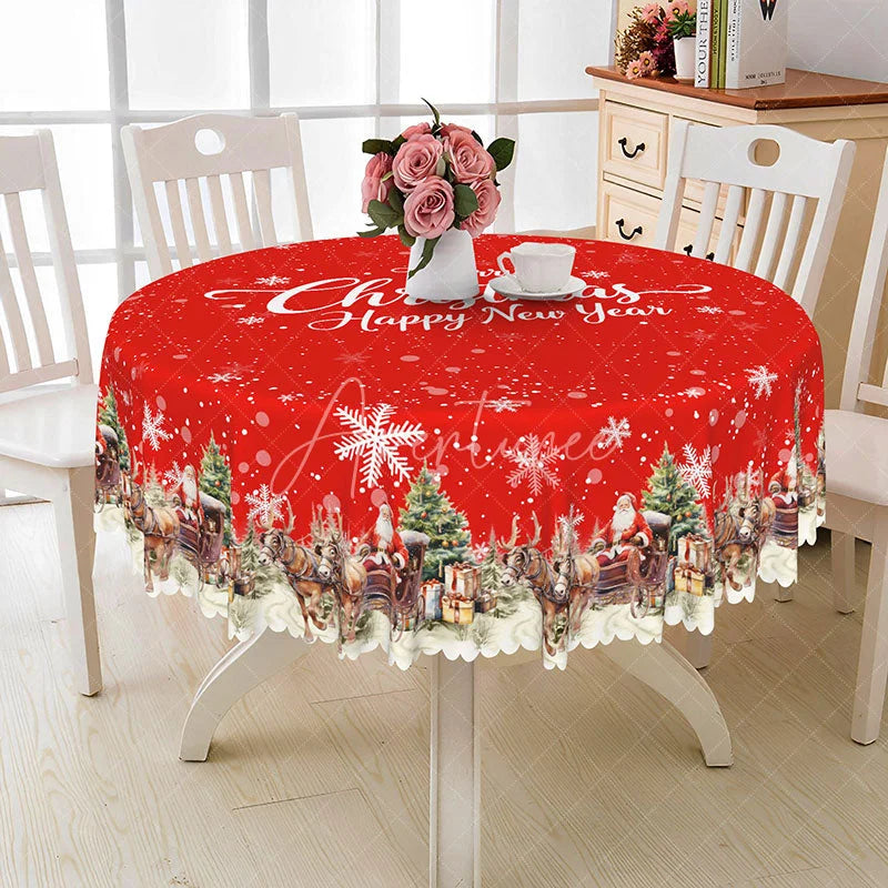 Aperturee - Aperturee Merry Christmas and Happy New Year Red Round Tablecloth Santa’s Sleigh Snowy Village Holiday Decor