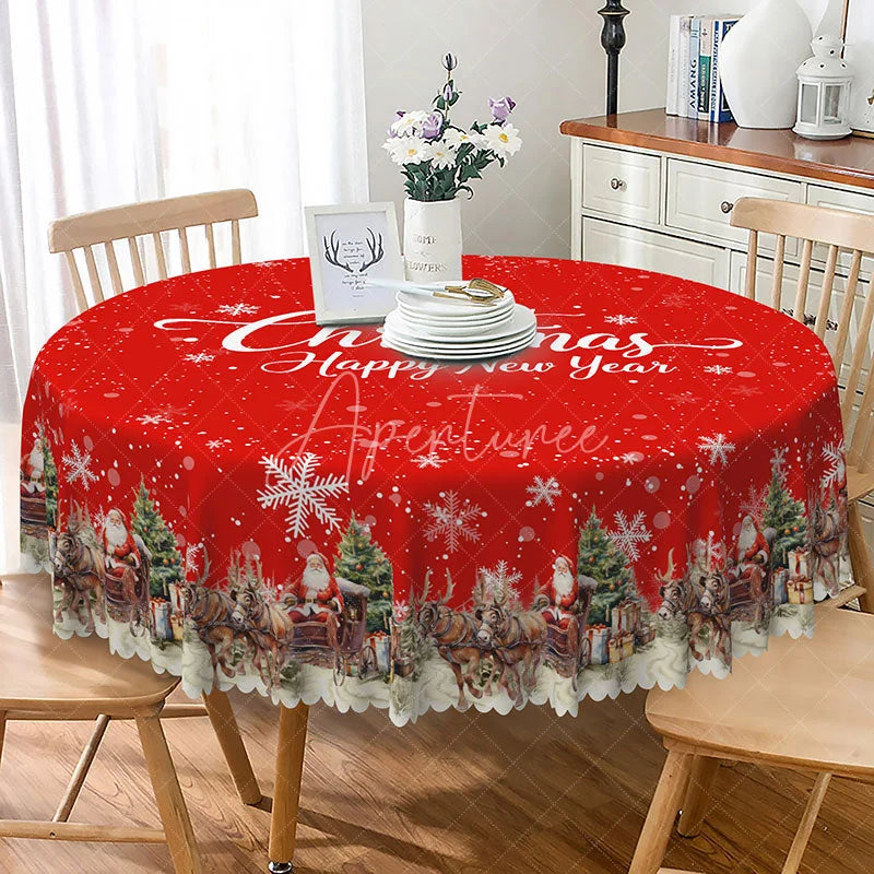 Aperturee - Aperturee Merry Christmas and Happy New Year Red Round Tablecloth Santa’s Sleigh Snowy Village Holiday Decor