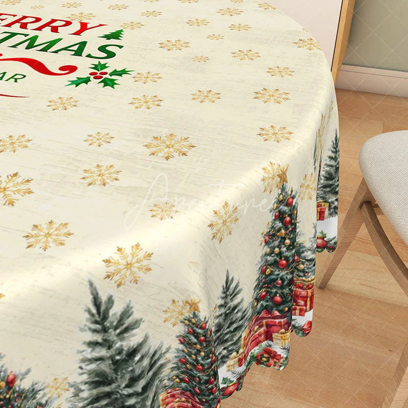 Aperturee - Aperturee Merry Christmas and Happy New Year Round Tablecloth Creamy Beige with Trees Snowflake Holiday Decor