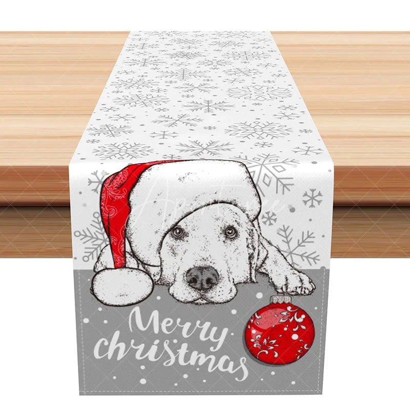 Aperturee - Aperturee Merry Christmas Dog with Santa Hat Table Runner Grey Snowflake Cute Pet Lover Holiday Decor