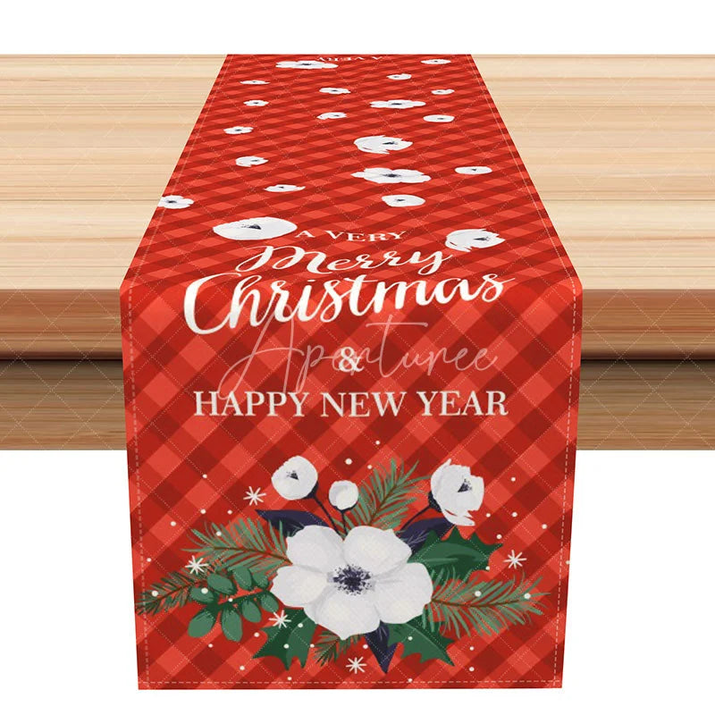 Aperturee - Aperturee Merry Christmas Plaid Table Runner Red Checkered with White Floral Farmhouse Holiday Decor