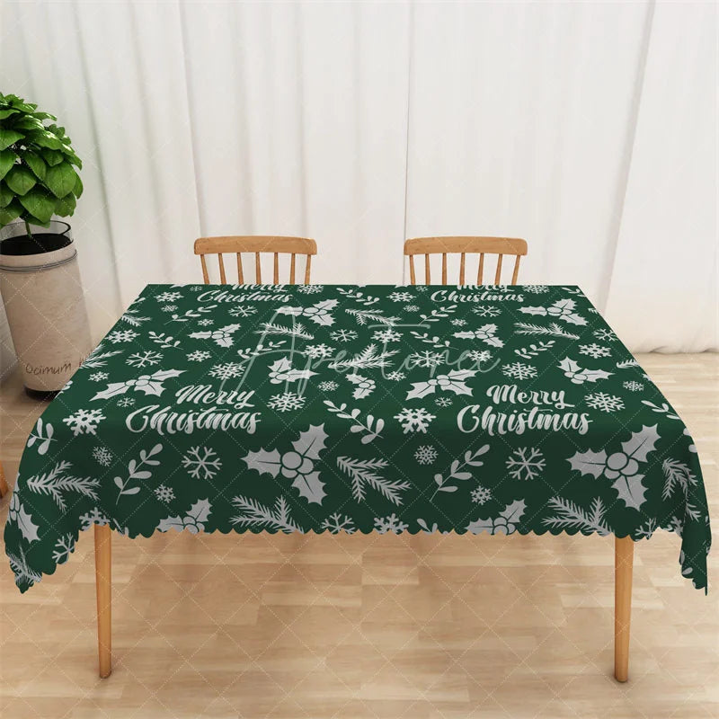 Aperturee - Aperturee Merry Christmas Rectangle Tablecloth Green with White Holly Snowflake Winter Holiday Table Cover Decor