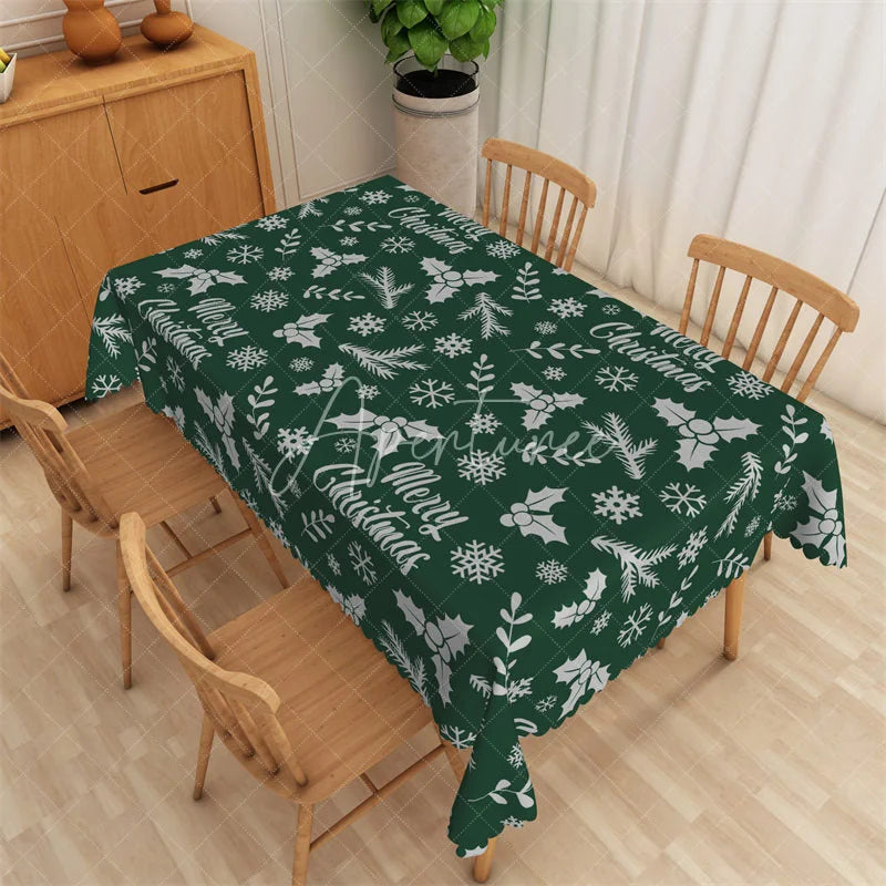 Aperturee - Aperturee Merry Christmas Rectangle Tablecloth Green with White Holly Snowflake Winter Holiday Table Cover Decor