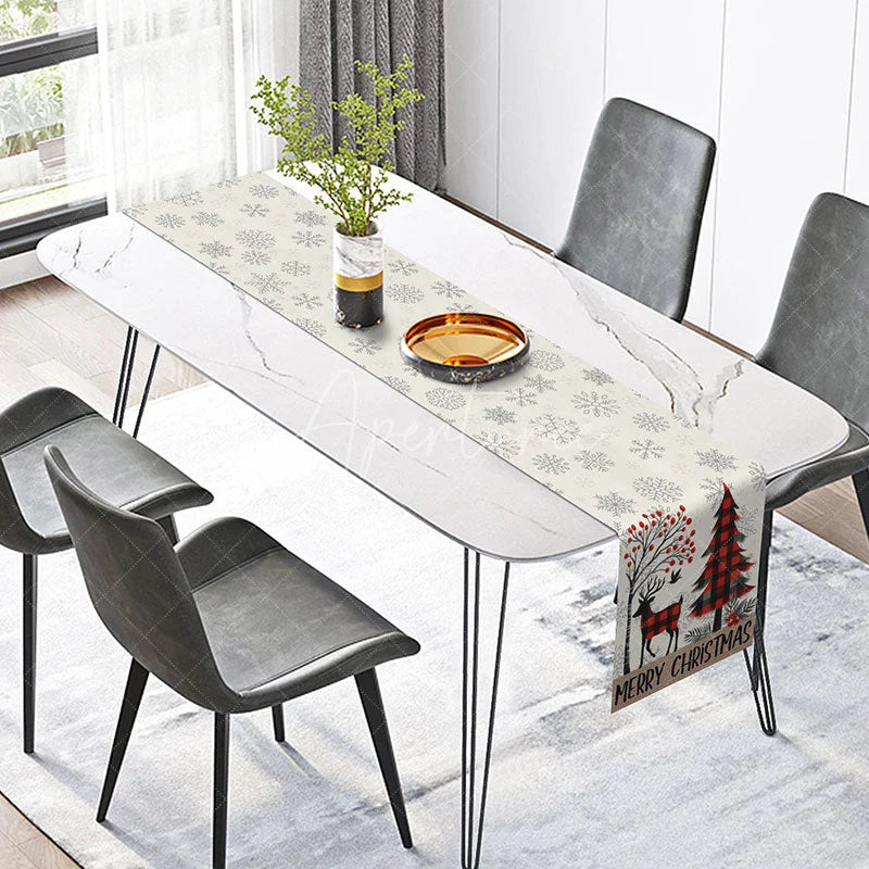 Aperturee - Aperturee Merry Christmas Red Buffalo Plaid Table Runner Rustic Reindeer and Tree Farmhouse Holiday Decor